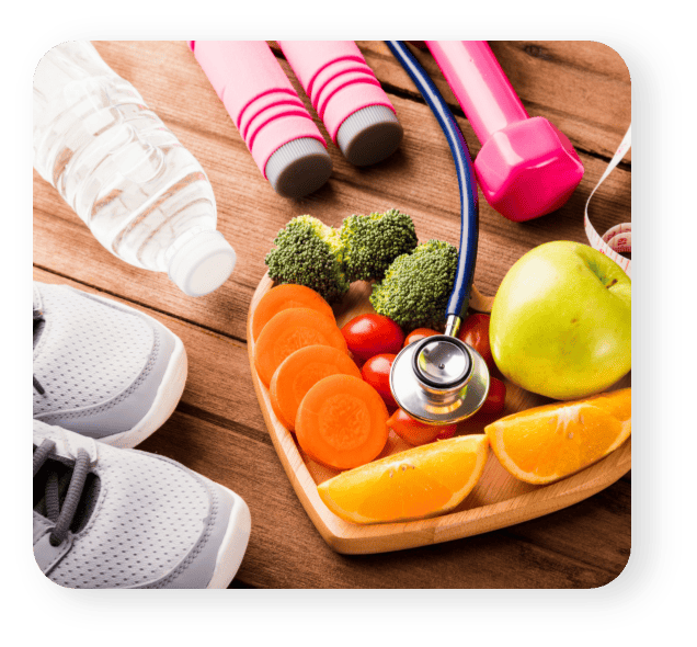 nourritures et équipements sportifs symbolisant importance de l'activité sportive pour la santé et le bien être global